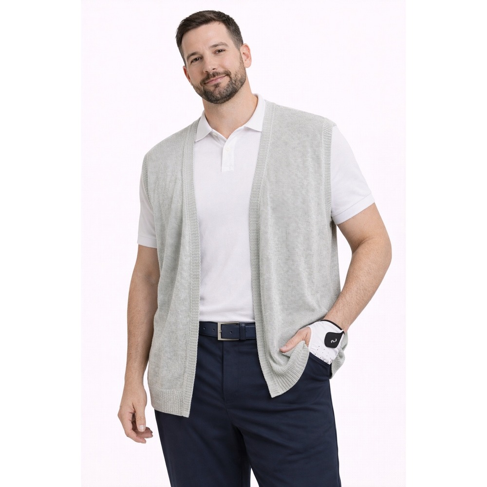 John Ashford Cardigan Sweater Vest Mens XL Grey Linen Cotton Knit Grandpacore